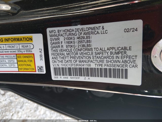 Aukcja sprzedaży 2024 Honda Accord Hybrid Sport, vin: 1HGCY2F53RA041168, numer aukcji: 45306224