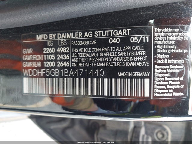 Auction sale of the 2011 Mercedes-benz E 350, vin: WDDHF5GB1BA471440, lot number: 45306229