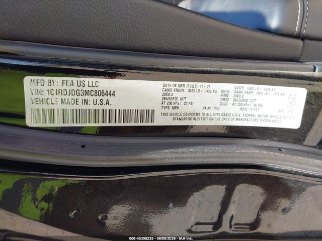 2021 Dodge Durango Gt Plus Awd მანქანა იყიდება აუქციონზე, vin: 1C4RDJDG3MC806444, აუქციონის ნომერი: 45306235
