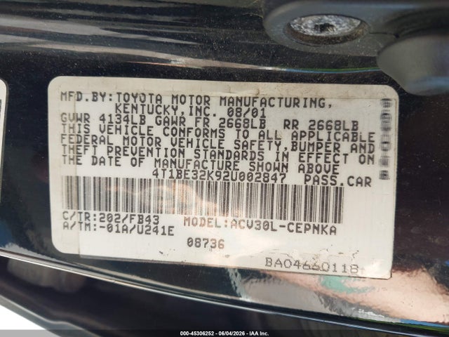 Aukcja sprzedaży 2002 Toyota Camry Le, vin: 4T1BE32K92U002847, numer aukcji: 45306252