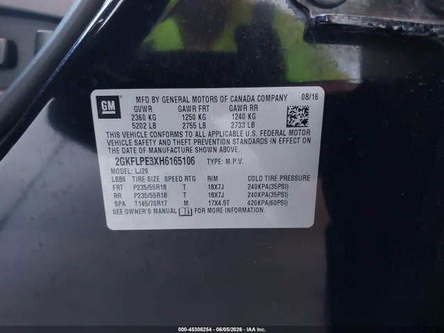45306254 :رقم المزاد ، 2GKFLPE3XH6165106 vin ، 2017 Gmc Terrain Slt مزاد بيع