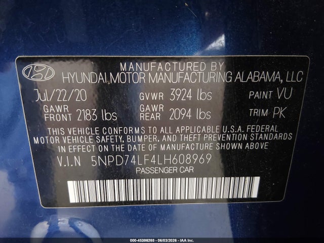 Продаж на аукціоні авто 2020 Hyundai Elantra Se, vin: 5NPD74LF4LH608969, номер лоту: 45306263
