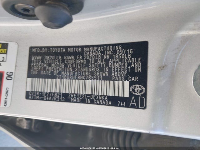 2017 Toyota Corolla Le მანქანა იყიდება აუქციონზე, vin: 2T1BURHE8HC765511, აუქციონის ნომერი: 45306269