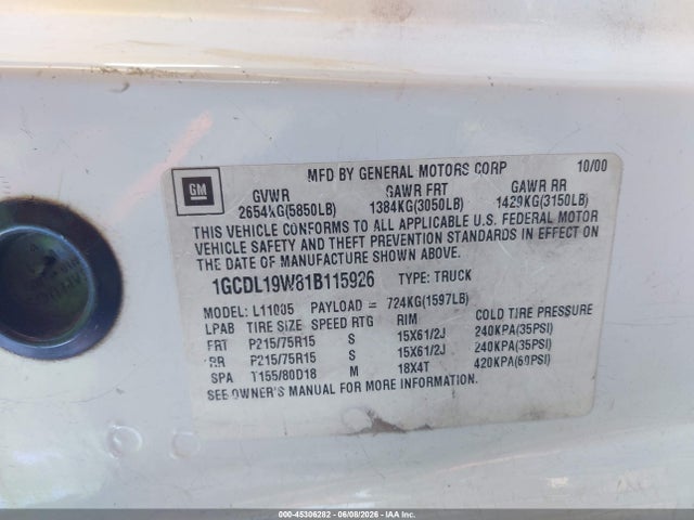 45306282 :رقم المزاد ، 1GCDL19W81B115926 vin ، 2001 Chevrolet Astro مزاد بيع