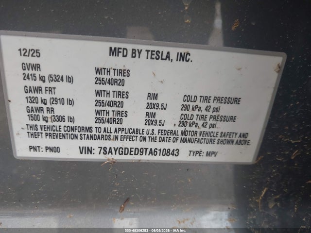 Продажа на аукционе авто 2026 Tesla Model Y, vin: 7SAYGDED9TA610843, номер лота: 45306283