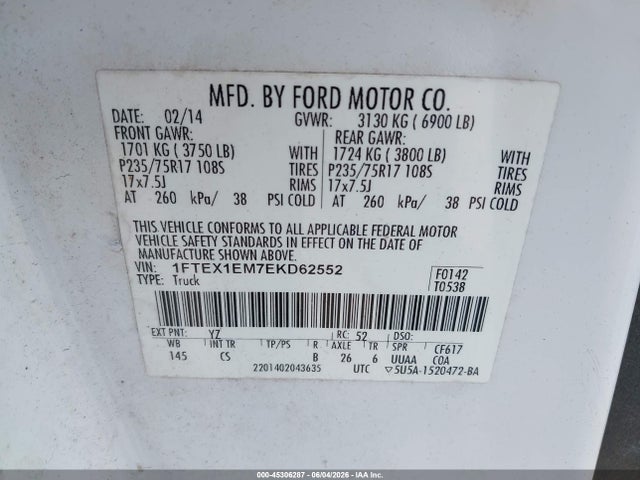 Продажа на аукционе авто 2014 Ford F-150 Xl, vin: 1FTEX1EM7EKD62552, номер лота: 45306287