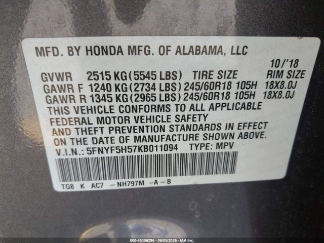 Aukcja sprzedaży 2019 Honda Pilot Ex-l, vin: 5FNYF5H57KB011094, numer aukcji: 45306296