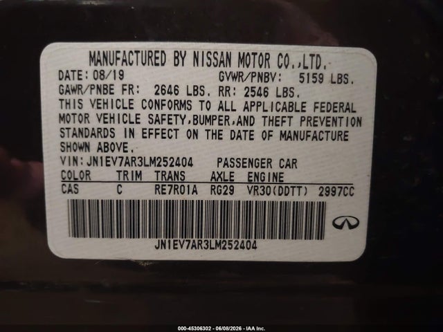 Продажа на аукционе авто 2020 Infiniti Q50 Luxe Awd, vin: JN1EV7AR3LM252404, номер лота: 45306302