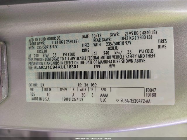Aukcja sprzedaży 2019 Lincoln Mkc Standard, vin: 5LMCJ1C94KUL18301, numer aukcji: 45306313