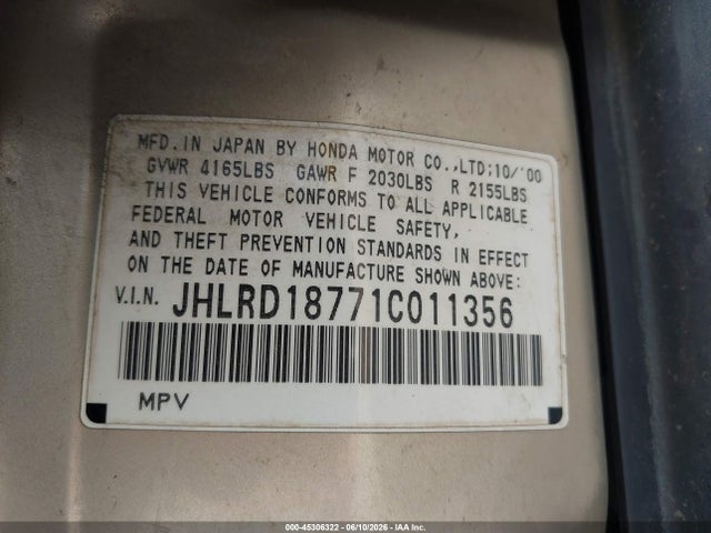 Aukcja sprzedaży 2001 Honda Cr-v Special Edition, vin: JHLRD18771C011356, numer aukcji: 45306322