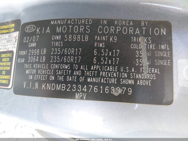 45306323 :رقم المزاد ، KNDMB233476163979 vin ، 2007 Kia Sedona Ex مزاد بيع