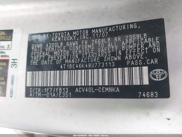 Aukcja sprzedaży 2008 Toyota Camry, vin: 4T1BE46K48U773113, numer aukcji: 45306326