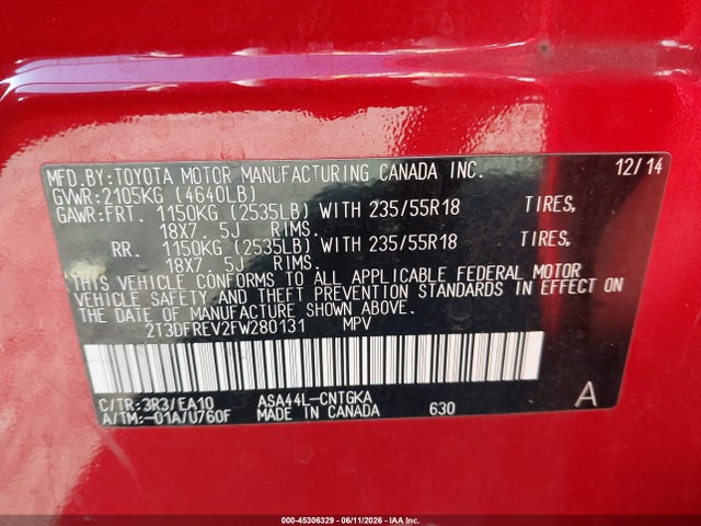 Toyota Rav4 Limited 2015 2T3DFREV2FW280131 Image 9