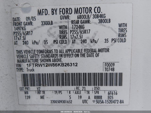 45306338 :رقم المزاد ، 1FTRW12W86KB26312 vin ، 2006 Ford F-150 Xlt مزاد بيع