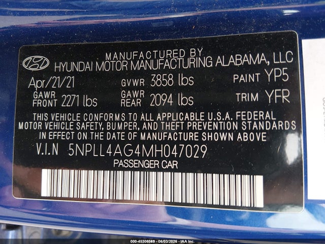 Продаж на аукціоні авто 2021 Hyundai Elantra Se, vin: 5NPLL4AG4MH047029, номер лоту: 45306349