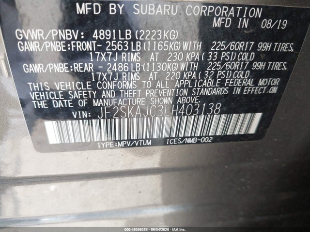 Aukcja sprzedaży 2020 Subaru Forester Premium, vin: JF2SKAJC3LH403138, numer aukcji: 45306358