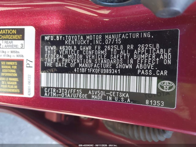 Toyota CAMRY SE 2015 4T1BF1FK0FU989341 Image 9