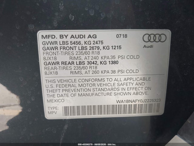 Продаж на аукціоні авто 2018 Audi Q5 2.0t Premium/2.0t Tech Premium, vin: WA1BNAFY0J2225323, номер лоту: 45306379