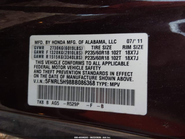 45306383 :رقم المزاد ، 5FNRL5H98BB086368 vin ، 2011 Honda Odyssey Touring/touring Elite مزاد بيع