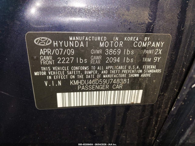 Aukcja sprzedaży 2009 Hyundai Elantra Gls, vin: KMHDU46D59U748381, numer aukcji: 45306404