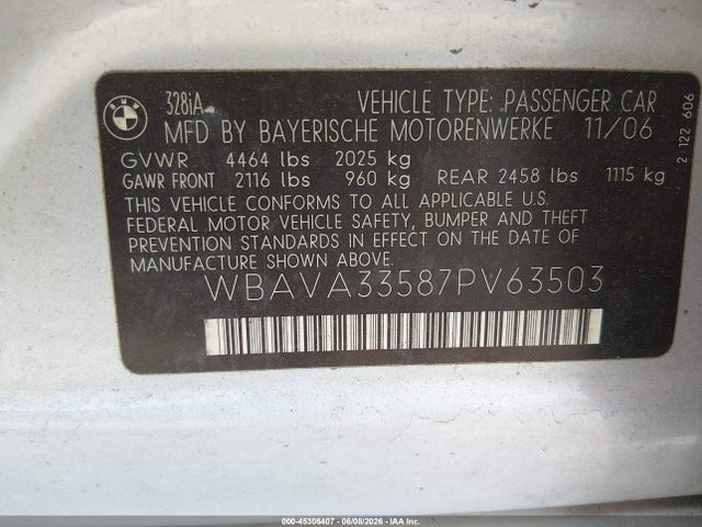 Продаж на аукціоні авто 2007 Bmw 328i, vin: WBAVA33587PV63503, номер лоту: 45306407