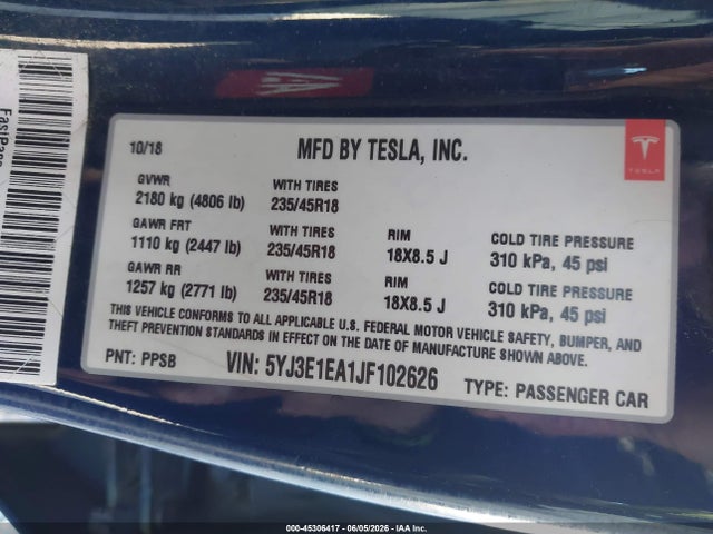 Продажа на аукционе авто 2018 Tesla Model 3 Long Range/mid Range, vin: 5YJ3E1EA1JF102626, номер лота: 45306417