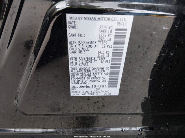 45306421 :رقم المزاد ، 5N1DL0MM6HC554381 vin ، 2017 Infiniti Qx60 مزاد بيع