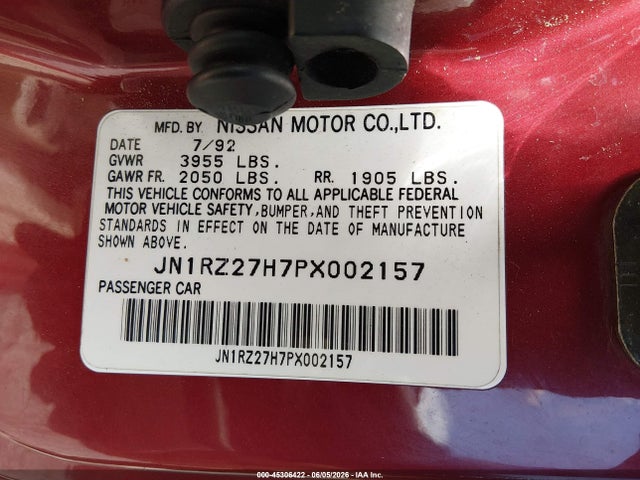 Aukcja sprzedaży 1993 Nissan 300zx, vin: JN1RZ27H7PX002157, numer aukcji: 45306422