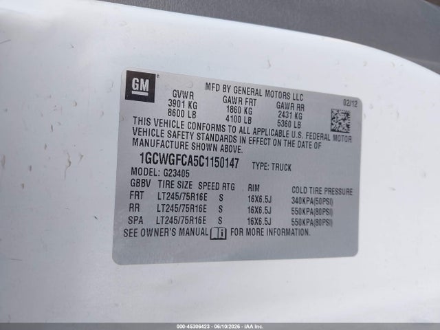 45306423 :رقم المزاد ، 1GCWGFCA5C1150147 vin ، 2012 Chevrolet Express 2500 Work Van مزاد بيع