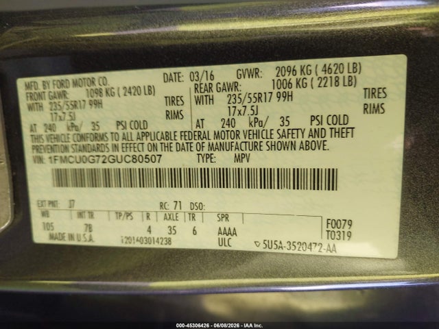 Продажа на аукционе авто 2016 Ford Escape Se, vin: 1FMCU0G72GUC80507, номер лота: 45306426