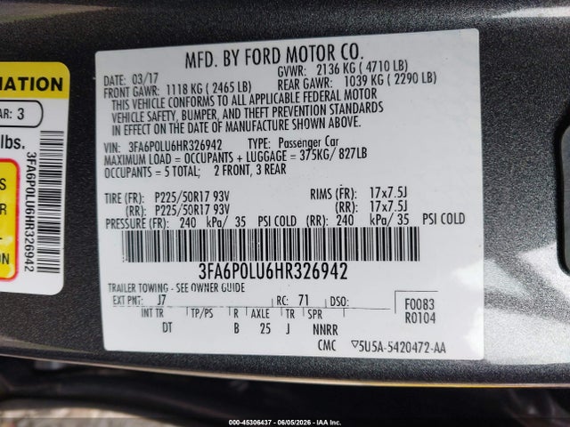 Aukcja sprzedaży 2017 Ford Fusion Hybrid Se, vin: 3FA6P0LU6HR326942, numer aukcji: 45306437