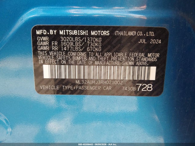 Продаж на аукціоні авто 2024 Mitsubishi Mirage Es/le, vin: ML32AUHJ3RH021002, номер лоту: 45306443
