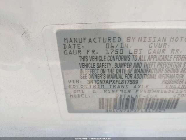 3N1CN7APXFL817509 Nissan Versa 1.6 S