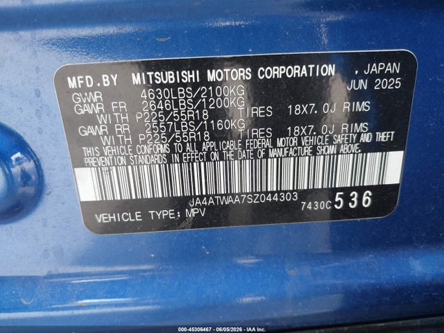 45306467 :رقم المزاد ، JA4ATWAA7SZ044303 vin ، 2025 Mitsubishi Eclipse Cross Black Edition S-awc/se S-awc/sel S-awc مزاد بيع