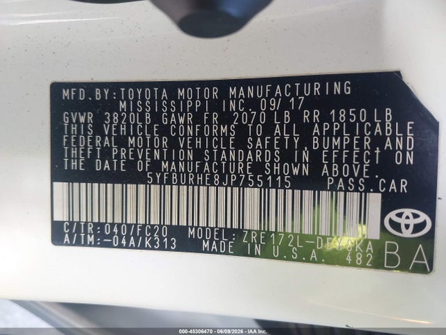 2018 Toyota Corolla Se მანქანა იყიდება აუქციონზე, vin: 5YFBURHE8JP755115, აუქციონის ნომერი: 45306470