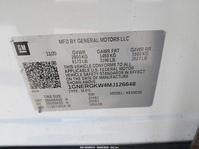 1GNERGKW4MJ126648 Chevrolet Traverse Fwd Lt Cloth