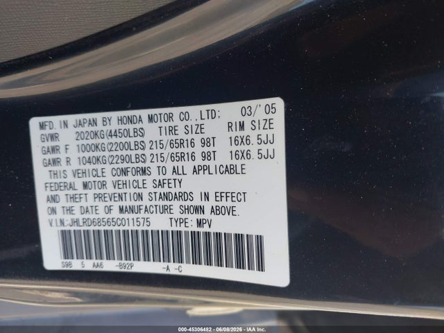 Продаж на аукціоні авто 2005 Honda Cr-v Lx, vin: JHLRD68565C011575, номер лоту: 45306482