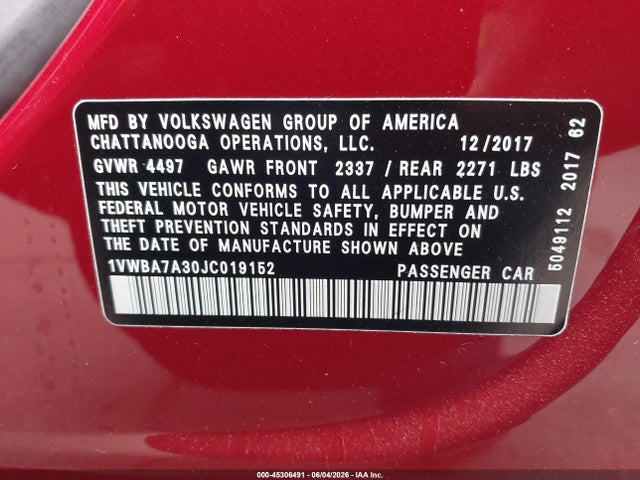 Продаж на аукціоні авто 2018 Volkswagen Passat 2.0t Se, vin: 1VWBA7A30JC019152, номер лоту: 45306491