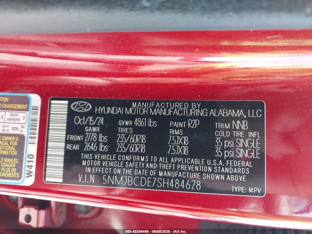 Продажа на аукционе авто 2025 Hyundai Tucson Sel, vin: 5NMJBCDE7SH484628, номер лота: 45306496