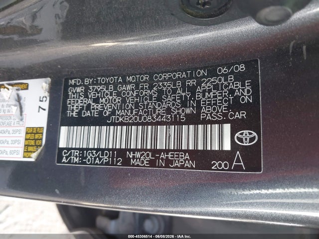 Продажа на аукционе авто 2008 Toyota Prius, vin: JTDKB20U083443115, номер лота: 45306514