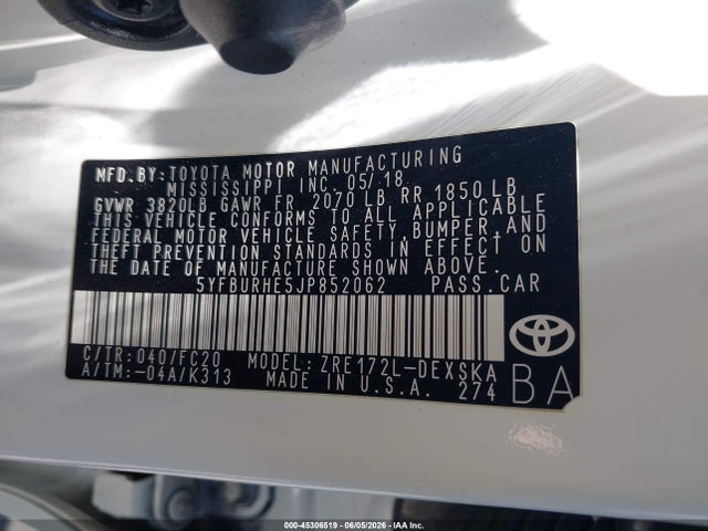 5YFBURHE5JP852062 Toyota COROLLA SE