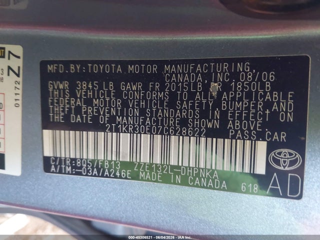 2007 Toyota Matrix Xr მანქანა იყიდება აუქციონზე, vin: 2T1KR30E07C628622, აუქციონის ნომერი: 45306521