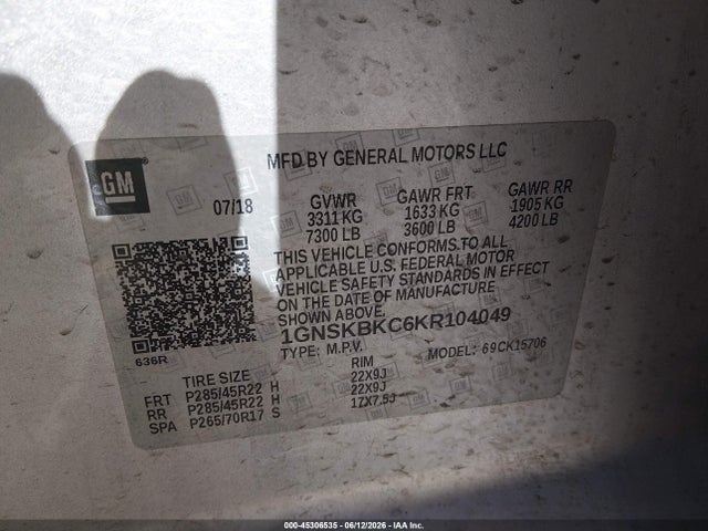 2019 Chevrolet Tahoe Lt მანქანა იყიდება აუქციონზე, vin: 1GNSKBKC6KR104049, აუქციონის ნომერი: 45306535