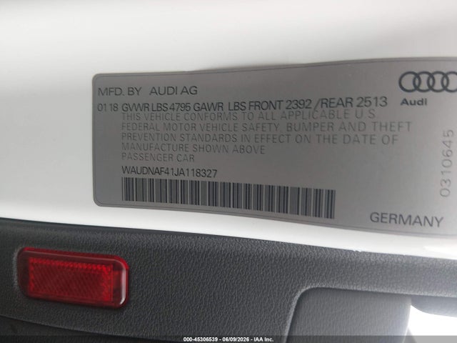 2018 Audi A4 2.0t Premium/2.0t Tech Premium მანქანა იყიდება აუქციონზე, vin: WAUDNAF41JA118327, აუქციონის ნომერი: 45306539