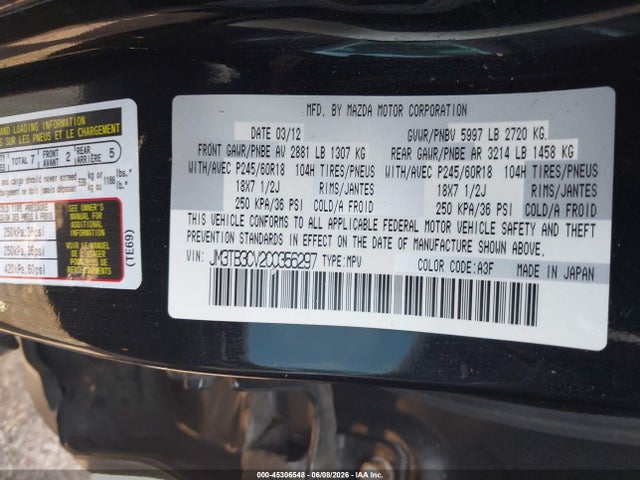 45306548 :رقم المزاد ، JM3TB3CV2C0356297 vin ، 2012 Mazda Cx-9 Touring مزاد بيع