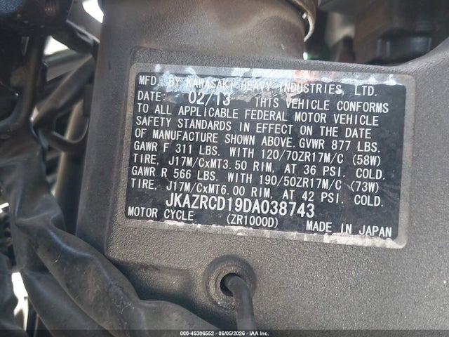 Aukcja sprzedaży 2013 Kawasaki Zr1000 D, vin: JKAZRCD19DA038743, numer aukcji: 45306552