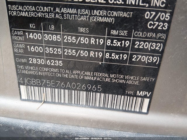 Aukcja sprzedaży 2006 Mercedes-benz Ml 500 4matic, vin: 4JGBB75E76A026965, numer aukcji: 45306554