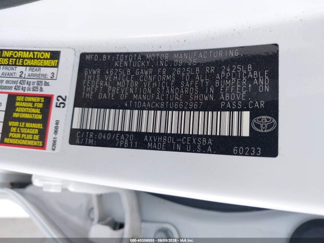 Aukcja sprzedaży 2026 Toyota Camry Se, vin: 4T1DAACK8TU662967, numer aukcji: 45306555
