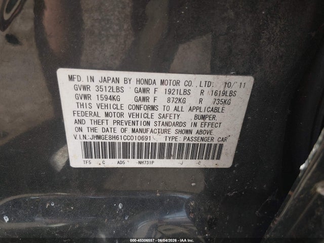 2012 Honda Fit Sport მანქანა იყიდება აუქციონზე, vin: JHMGE8H61CC010691, აუქციონის ნომერი: 45306557