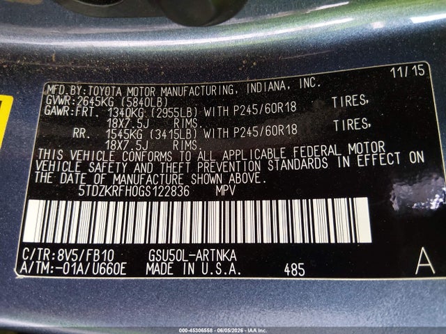 5TDZKRFH0GS122836 Toyota Highlander Le V6